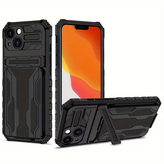 iPhone 15 Heavy Duty Shockproof Case With Card Holder & Kickstand (Black)