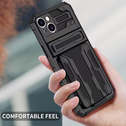 iPhone 15 Heavy Duty Shockproof Case With Card Holder & Kickstand (Black)