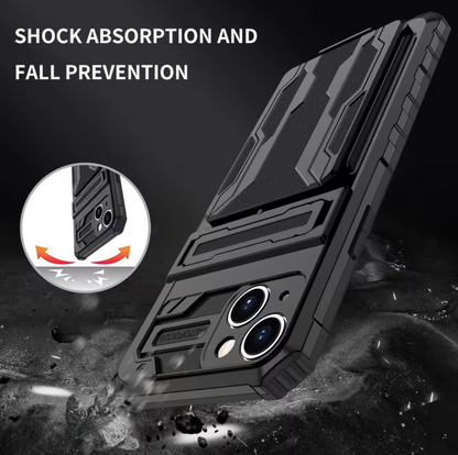iPhone 15 Heavy Duty Shockproof Case With Card Holder & Kickstand (Black)