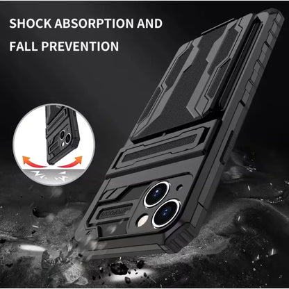 iPhone 15 Heavy Duty Shockproof Case With Card Holder & Kickstand (Black)