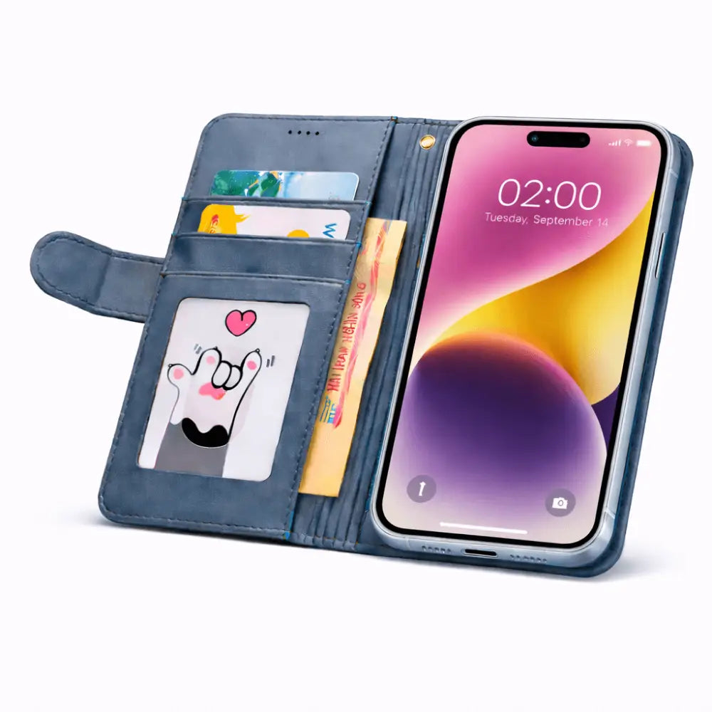 iPhone 15 Plus Flip Wallet Case Cowhide Dot Pattern