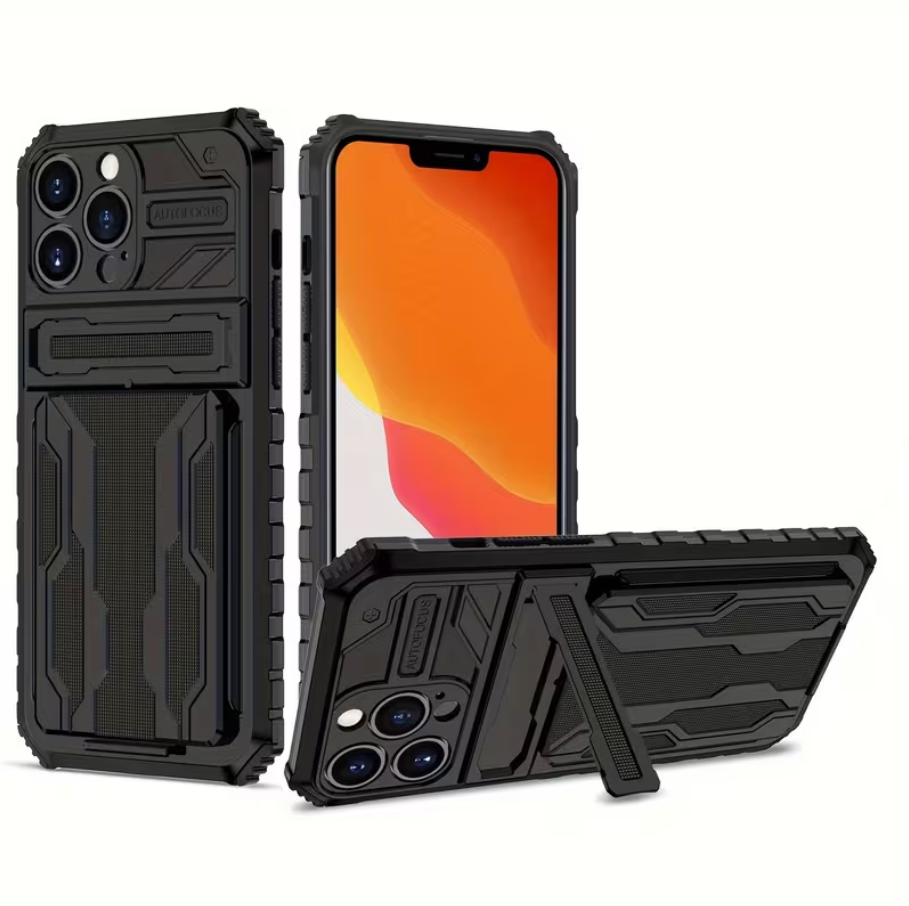 iPhone 15 Pro Heavy Duty Shockproof Case With Card Holder & Kickstand (Black)