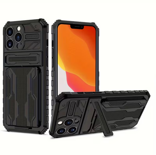 iPhone 15 Pro Max Heavy Duty Shockproof case With Card Holder & Kickstand (Black)