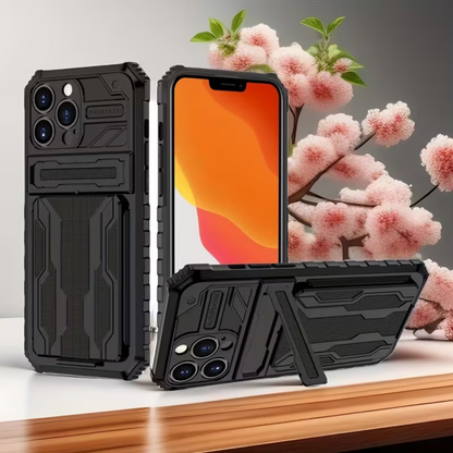 iPhone 15 Pro Max Heavy Duty Shockproof case With Card Holder & Kickstand (Black)