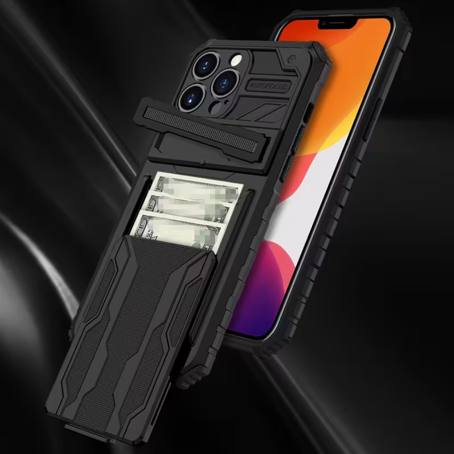 iPhone 15 Pro Max Heavy Duty Shockproof case With Card Holder & Kickstand (Black)