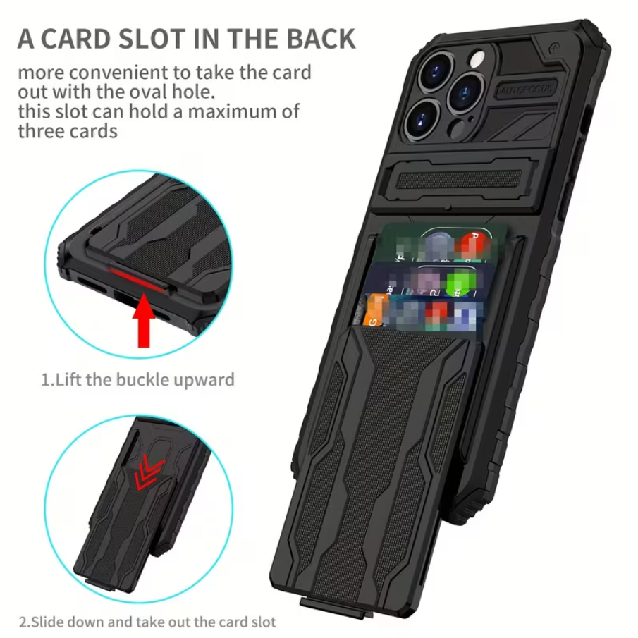 iPhone 15 Pro Max Heavy Duty Shockproof case With Card Holder & Kickstand (Black)