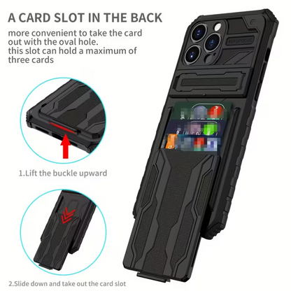 iPhone 15 Pro Max Heavy Duty Shockproof case With Card Holder & Kickstand (Black)