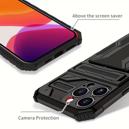 iPhone 15 Pro Heavy Duty Shockproof Case With Card Holder & Kickstand (Black)