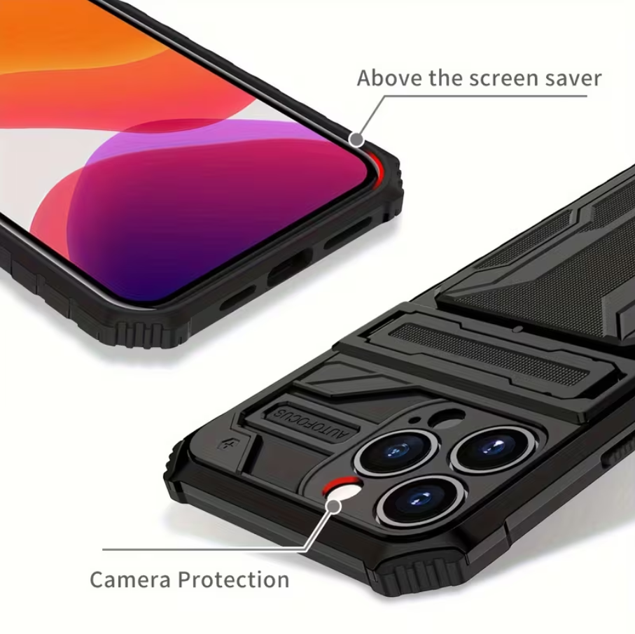 iPhone 15 Pro Max Heavy Duty Shockproof case With Card Holder & Kickstand (Black)