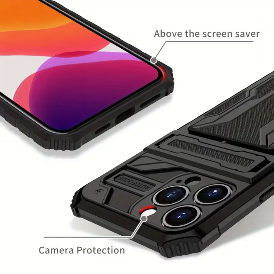 iPhone 15 Pro Heavy Duty Shockproof Case With Card Holder & Kickstand (Black)