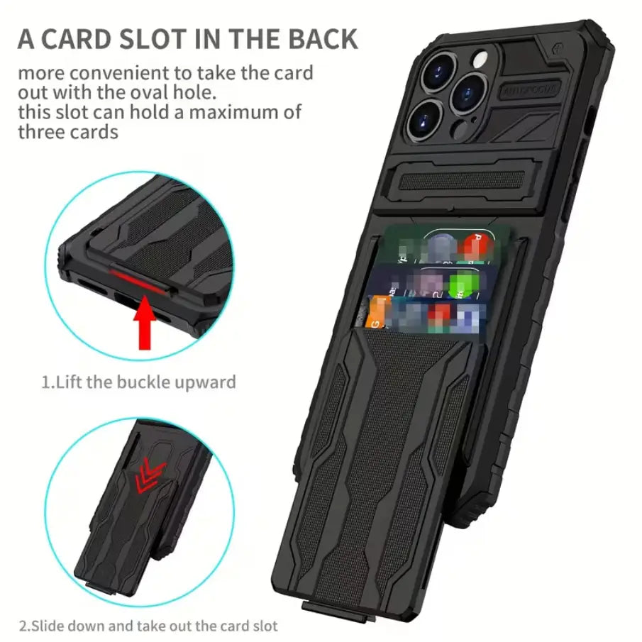 iPhone 15 Pro Heavy Duty Shockproof Case With Card Holder & Kickstand (Black)