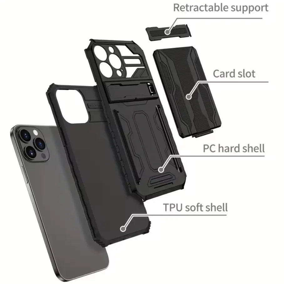 iPhone 15 Pro Heavy Duty Shockproof Case With Card Holder & Kickstand (Black)