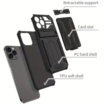 iPhone 15 Pro Max Heavy Duty Shockproof case With Card Holder & Kickstand (Black)