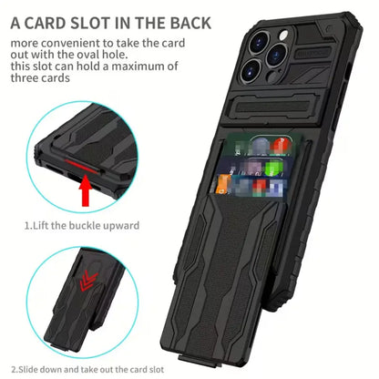 iPhone 15 Pro Max Heavy Duty Shockproof case With Card Holder & Kickstand (Black)