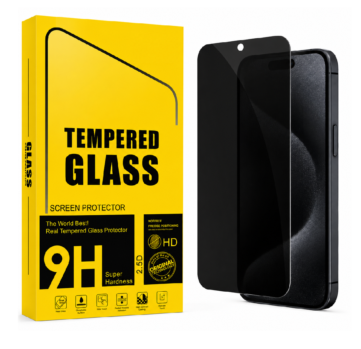 iPhone 15 Pro Privacy Tempered Glass Screen Protector – 9H HD Anti-Spy, 2.5D Rounded Edge, Impact & Scratch Resistant