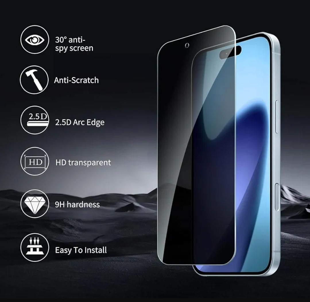 iPhone 15 Privacy Tempered Glass Screen Protector (2 Pack) – 9H HD Anti-Spy, 2.5D Rounded Edge, Impact & Scratch Resistant