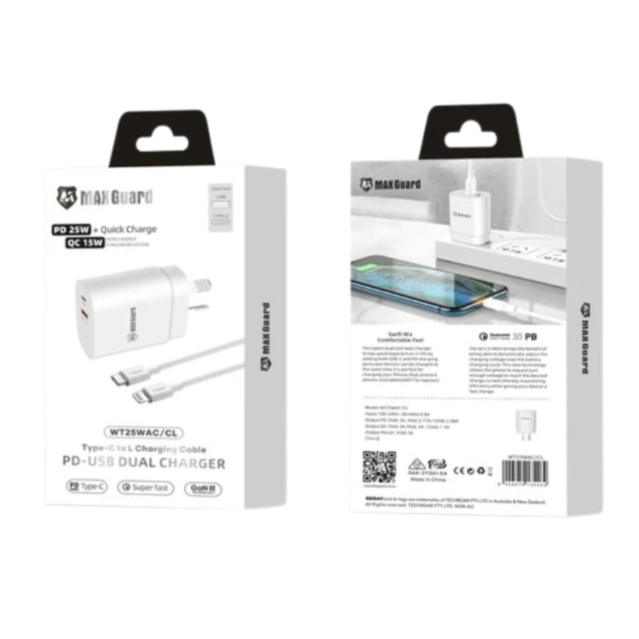 Maxguard PD 25W wall charger with Type-C to Lightning combo WT25WAC/CL
