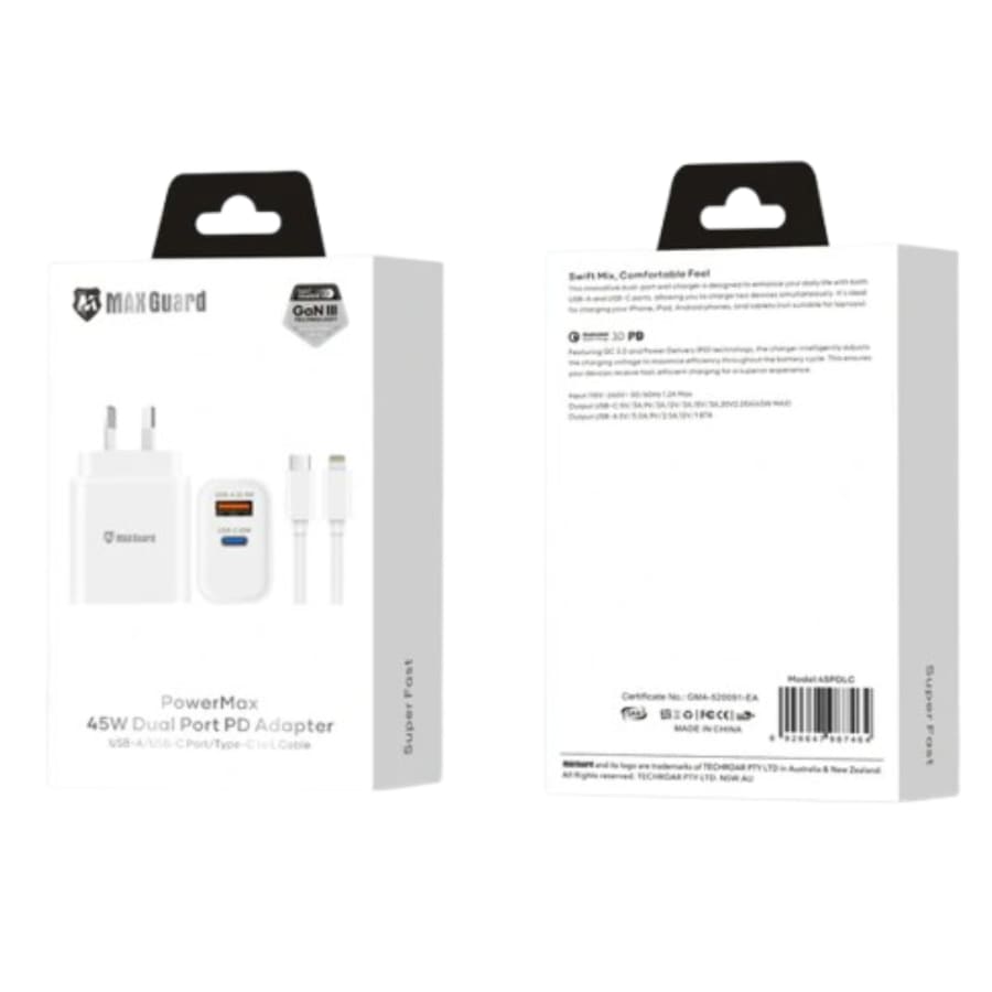 Maxguard PD 45W wall charger with Type-C to Lightning combo 45PDLC