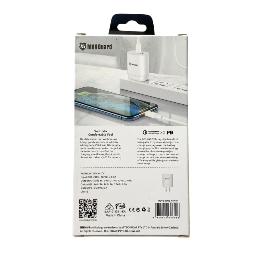 Maxguard Type C & USB Power Adapter Wall Plug (NZ / AUS), With Type C to Type C Cable