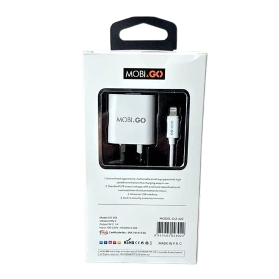 Mobigo 2.1A wall charger with USB-A to Lightning combo GO302