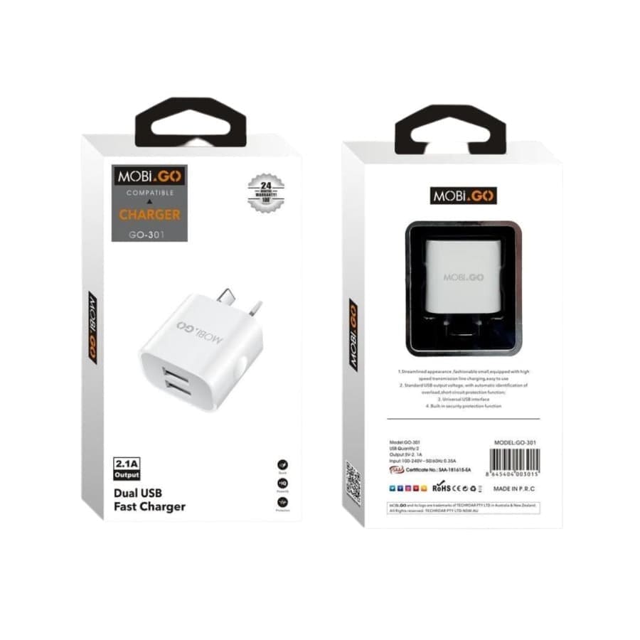 Mobigo Dual USB Power Adapter Wall Plug (NZ / AUS)