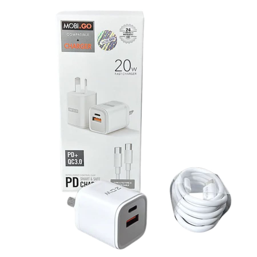 Mobigo Type C & USB Power Adapter Wall Plug (NZ / AUS), With Type C to Type C Cable