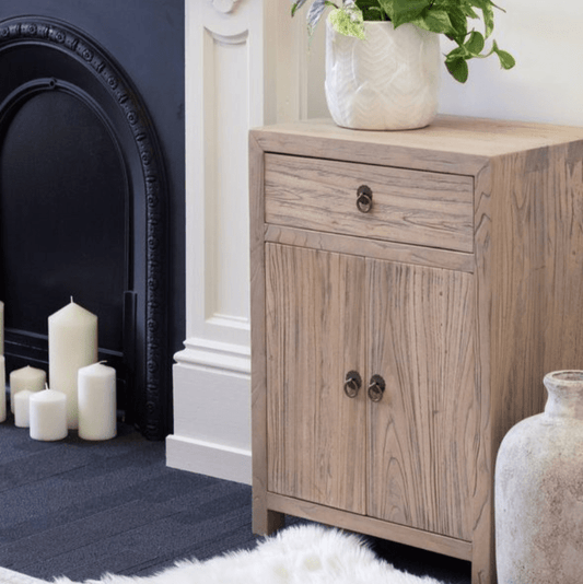 Peasant Old Elm Bedside Table at online8 furniture store Auckland