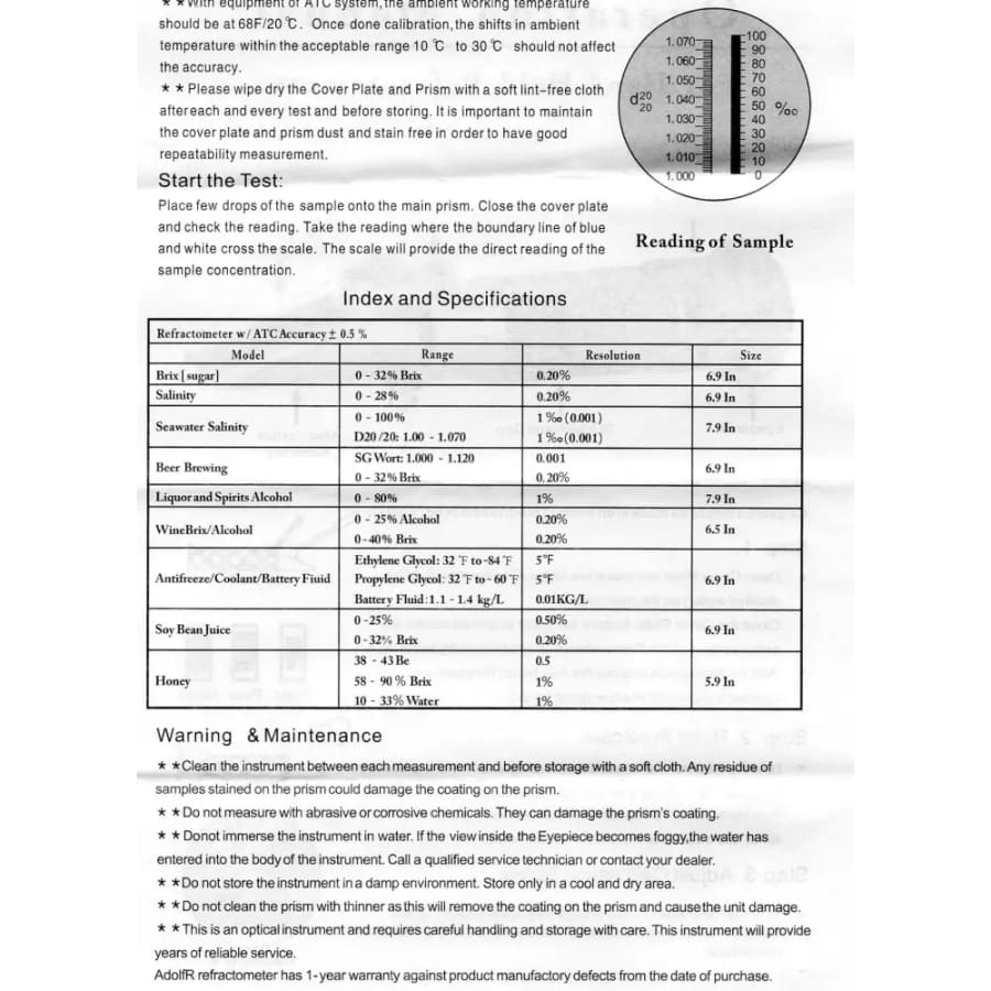 Refractometer - Sugar (Dual Scale: Brix 0-32% & 1.000-1.120 Specific Gravity)