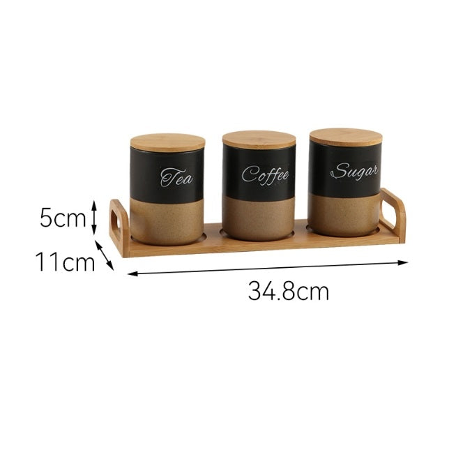 3PCS Ceramic Coffee Tea Sugar Storage Canisters with Bamboo Lids & Serving Tray