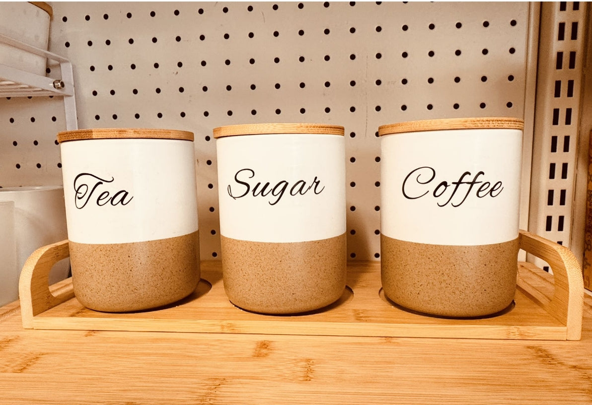 3PCS Ceramic Coffee Tea Sugar Storage Canisters with Bamboo Lids & Serving Tray