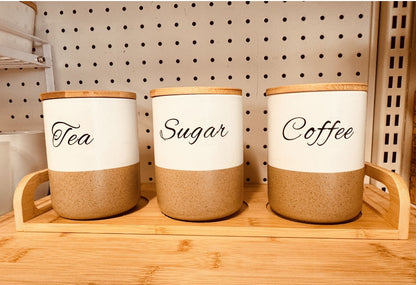 3PCS Ceramic Coffee Tea Sugar Storage Canisters with Bamboo Lids & Serving Tray
