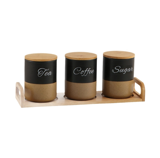 3PCS Ceramic Coffee Tea Sugar Storage Canisters with Bamboo Lids & Serving Tray