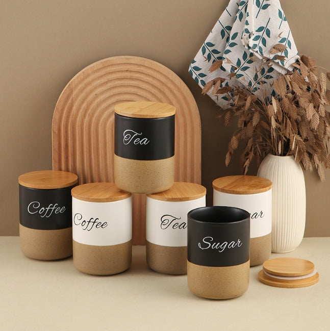 3PCS Ceramic Coffee Tea Sugar Storage Canisters with Bamboo Lids & Serving Tray
