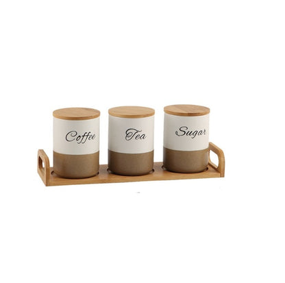 3PCS Ceramic Coffee Tea Sugar Storage Canisters with Bamboo Lids & Serving Tray