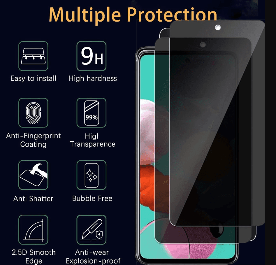Samsung Galaxy A51 Privacy Tempered Glass Screen Protector (2 Pack) – 9H HD Anti-Spy, 2.5D Rounded Edge, Impact & Scratch Resistant