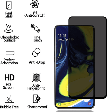 Samsung Galaxy A80 Privacy Tempered Glass Screen Protector (2 Pack) – 9H HD Anti-Spy, 2.5D Rounded Edge, Impact & Scratch Resistant