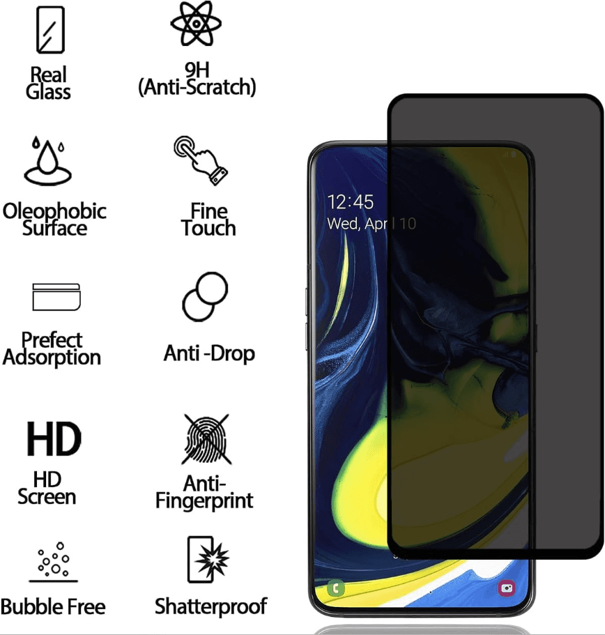 Samsung Galaxy A80 Privacy Tempered Glass Screen Protector – 9H HD Anti-Spy, 2.5D Rounded Edge, Impact & Scratch Resistant