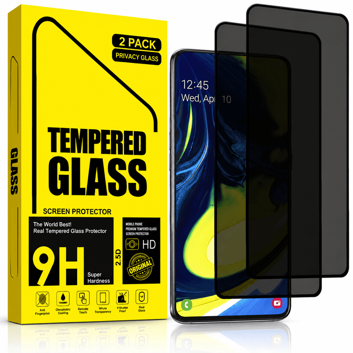 Samsung Galaxy A80 Privacy Tempered Glass Screen Protector (2 Pack) – 9H HD Anti-Spy, 2.5D Rounded Edge, Impact & Scratch Resistant