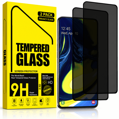 Samsung Galaxy A80 Privacy Tempered Glass Screen Protector (2 Pack) – 9H HD Anti-Spy, 2.5D Rounded Edge, Impact & Scratch Resistant