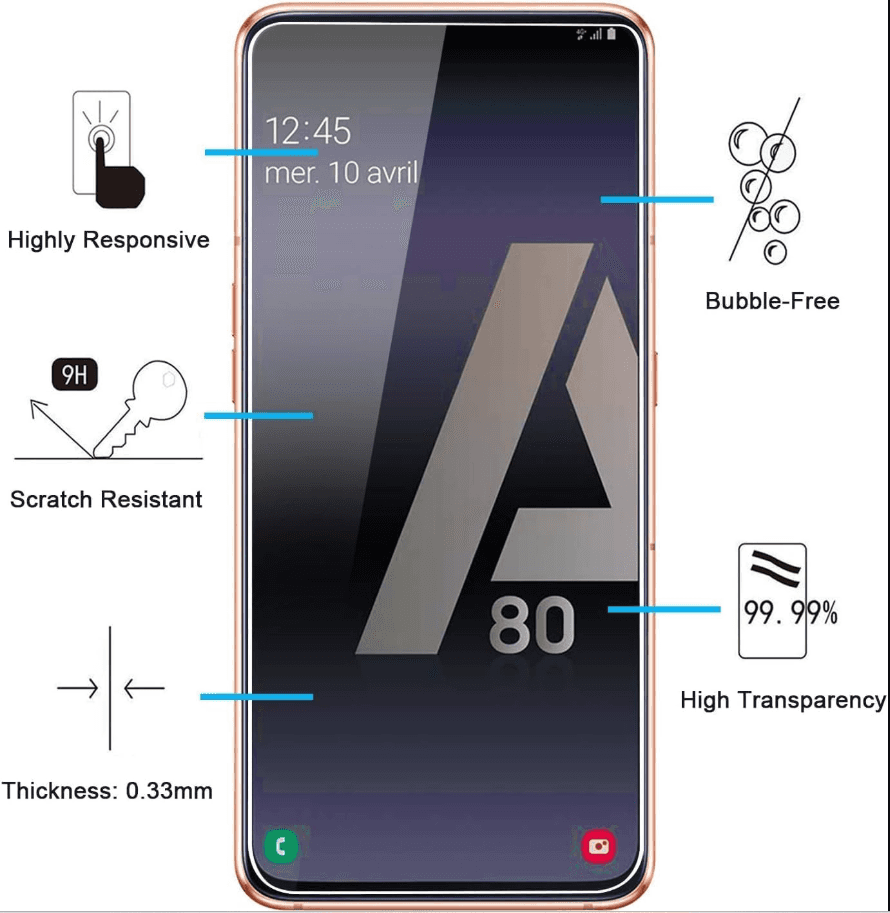 Samsung Galaxy A80 Tempered Glass Screen Protector (2 Pack) – 9H HD Clear 2.5D Rounded Edge