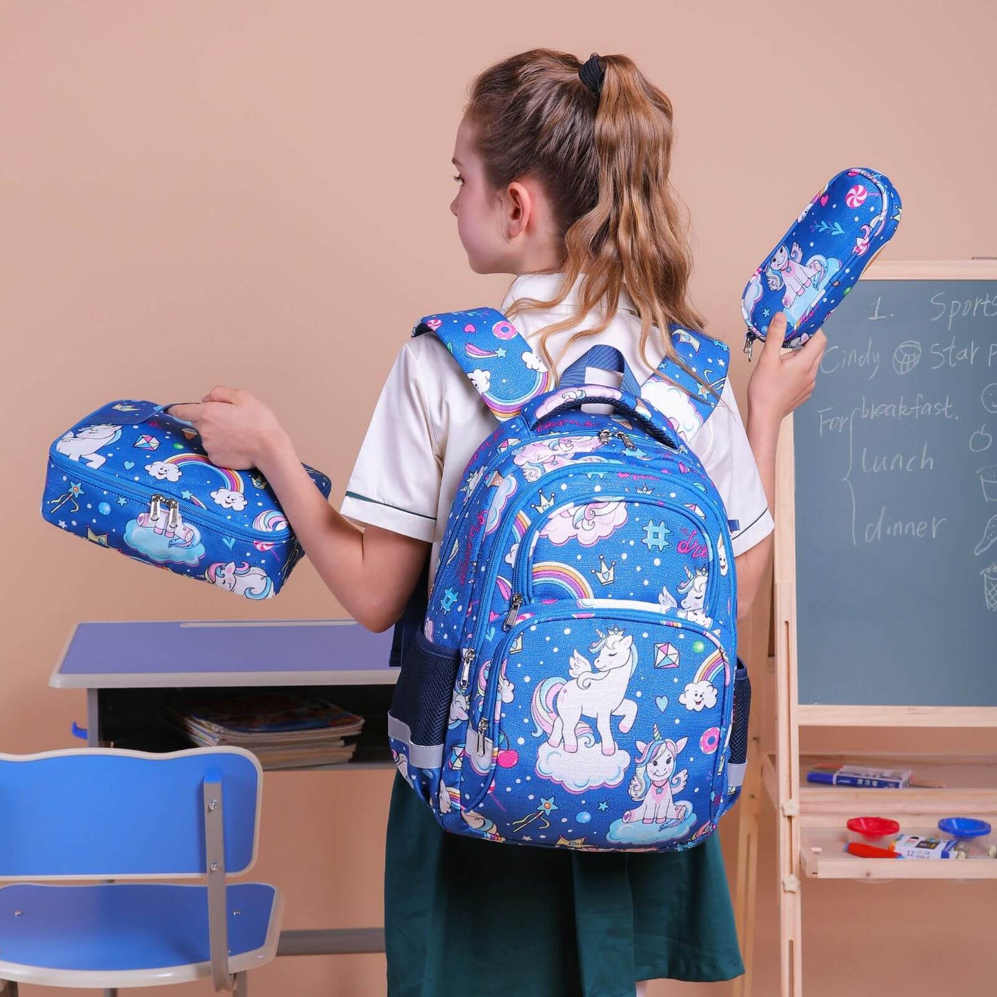 Blue Rainbow Unicorn Backpack & School Bags for Girls