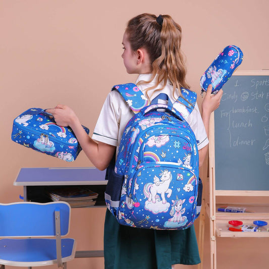 Blue Rainbow Unicorn Backpack & School Bags for Girls