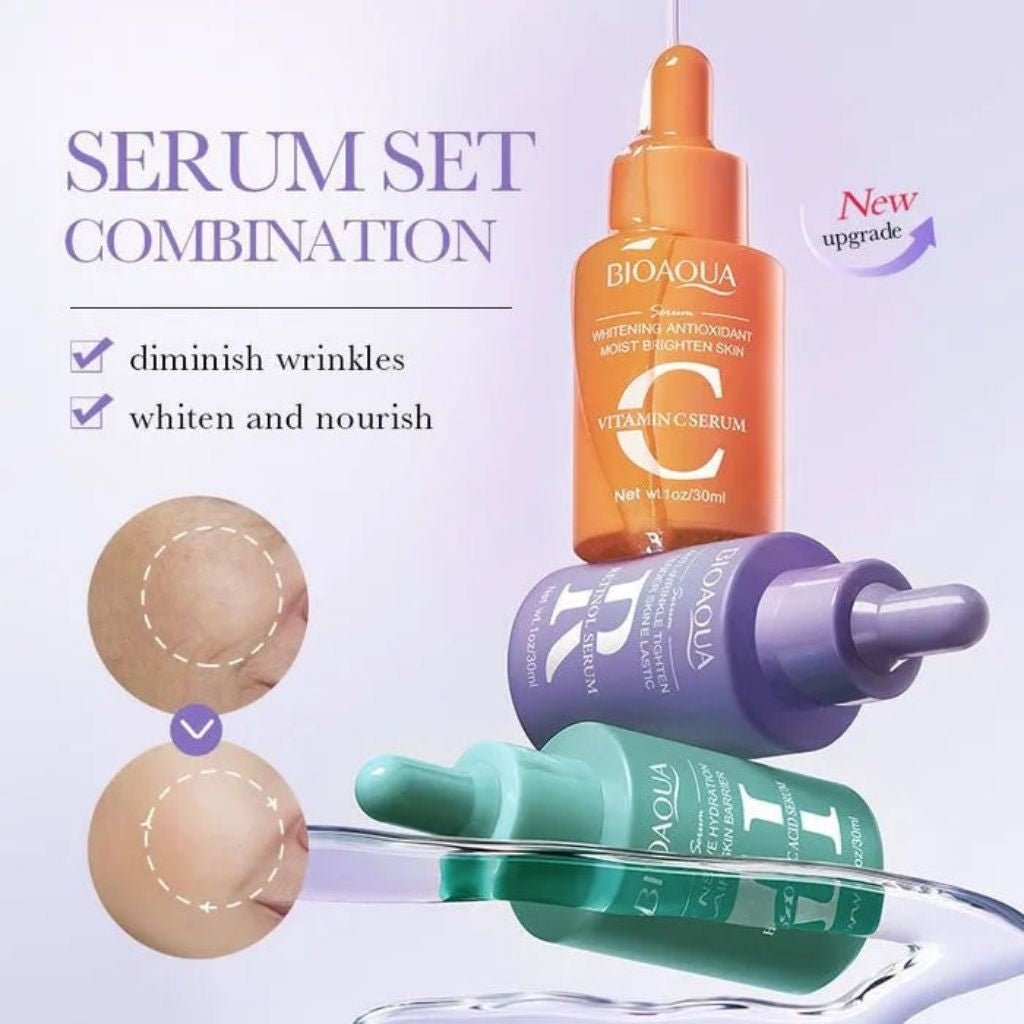 BIOAQUA 3-Piece Facial Serum Combination Set – Vitamin C + Retinol + Hyaluronic Acid