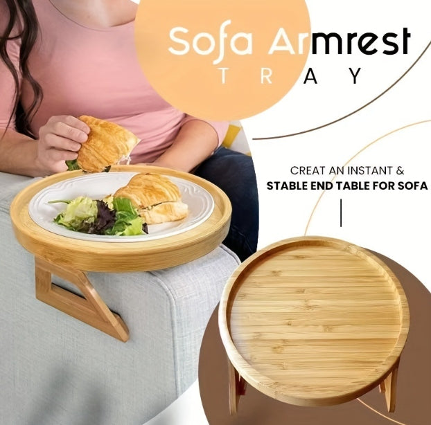 25cm Round Wooden Clip-On Foldable Sofa Arm Tray