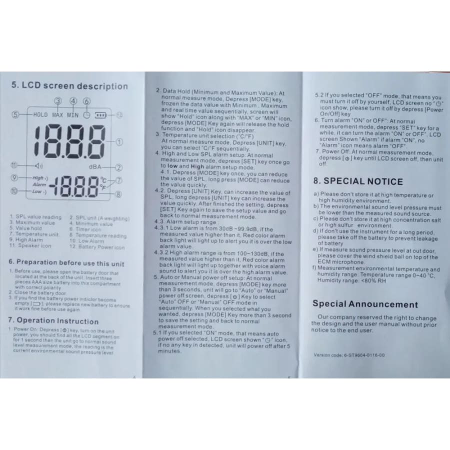 Sound Level Noise Meter - Decibel Measurement 30-130dB