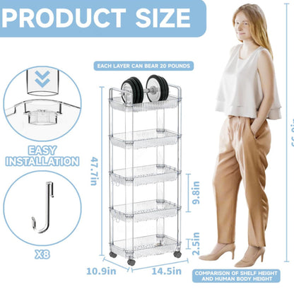 5 Tier Acrylic Clear Rolling Storage Cart on Wheels Rolling Utility carts Organization Cart