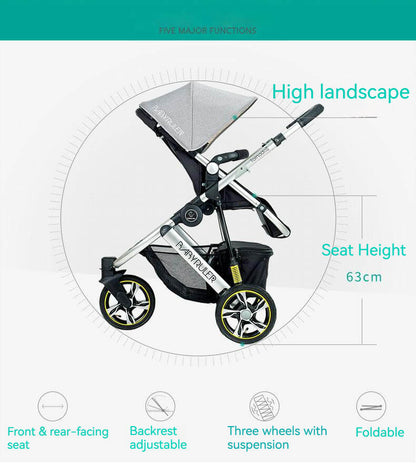 Three Wheels High Landscape Baby Stroller-Black