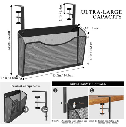 Under Desk Side Organizer, Black Metal Mesh Office Clamp On Desk