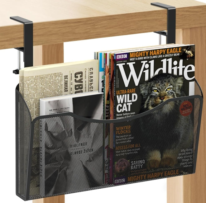 Under Desk Side Organizer, Black Metal Mesh Office Clamp On Desk