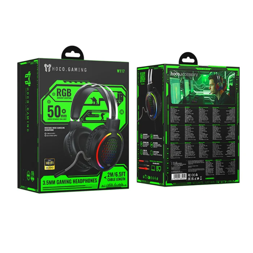 Wired Gaming Headset with 50mm Drivers, Mic & Tri-Color LED (W117)